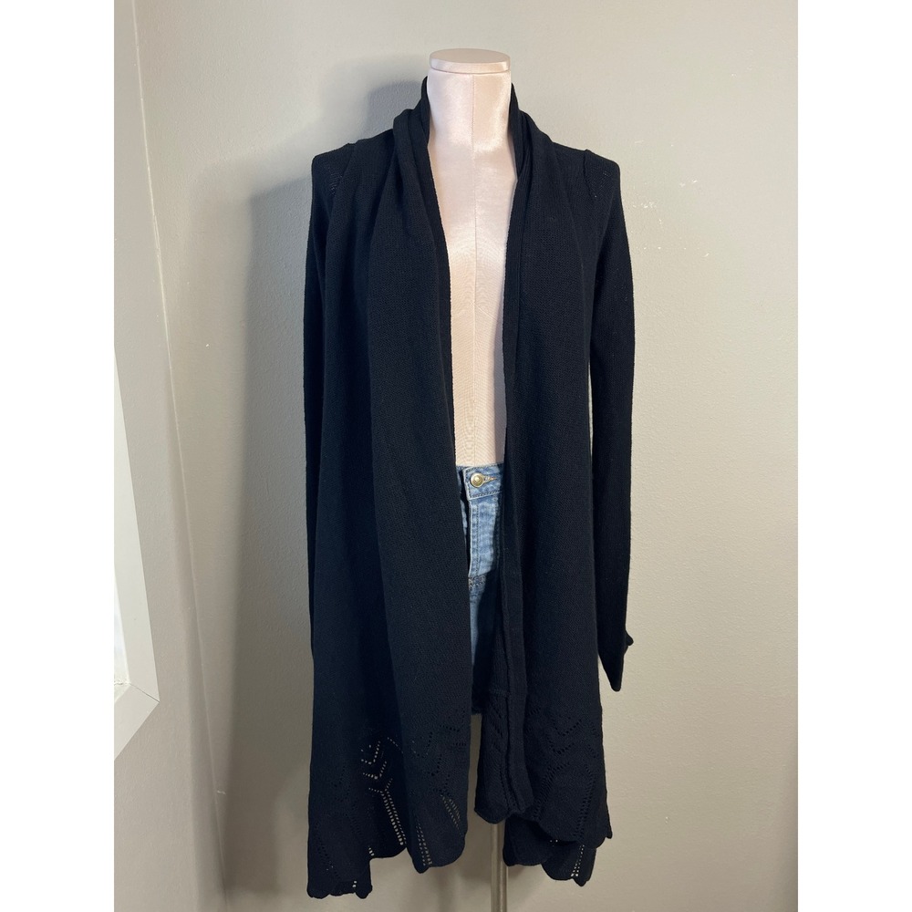 Pure DKNY Cardigan Black Lambswool Cashmere Draped Pointelle Open Front P/S